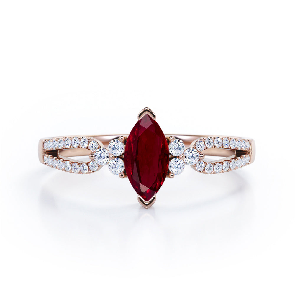 Affordable 1.45 Carat Marquise Cut Lab-Created Ruby And Diamond Double Shank Engagement Ring In White Gold
