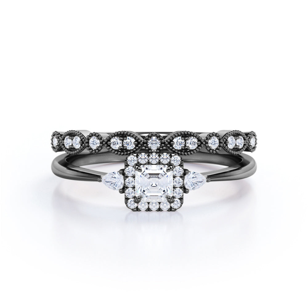 Antique 1.25 carat Asscher Moissanite and Diamond Halo Bridal set in White Gold For Her