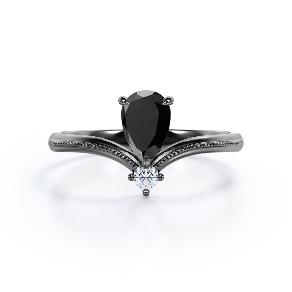 1 carat tear drop cut Black Diamond V shaped style engagement ring in white gold