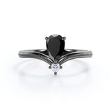 1 carat tear drop cut Black Diamond V shaped style engagement ring in white gold