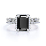Artdeco scalloped 1.75 Carat Emerald cut Lab Black Diamond Wedding Ring Set for Women in White Gold