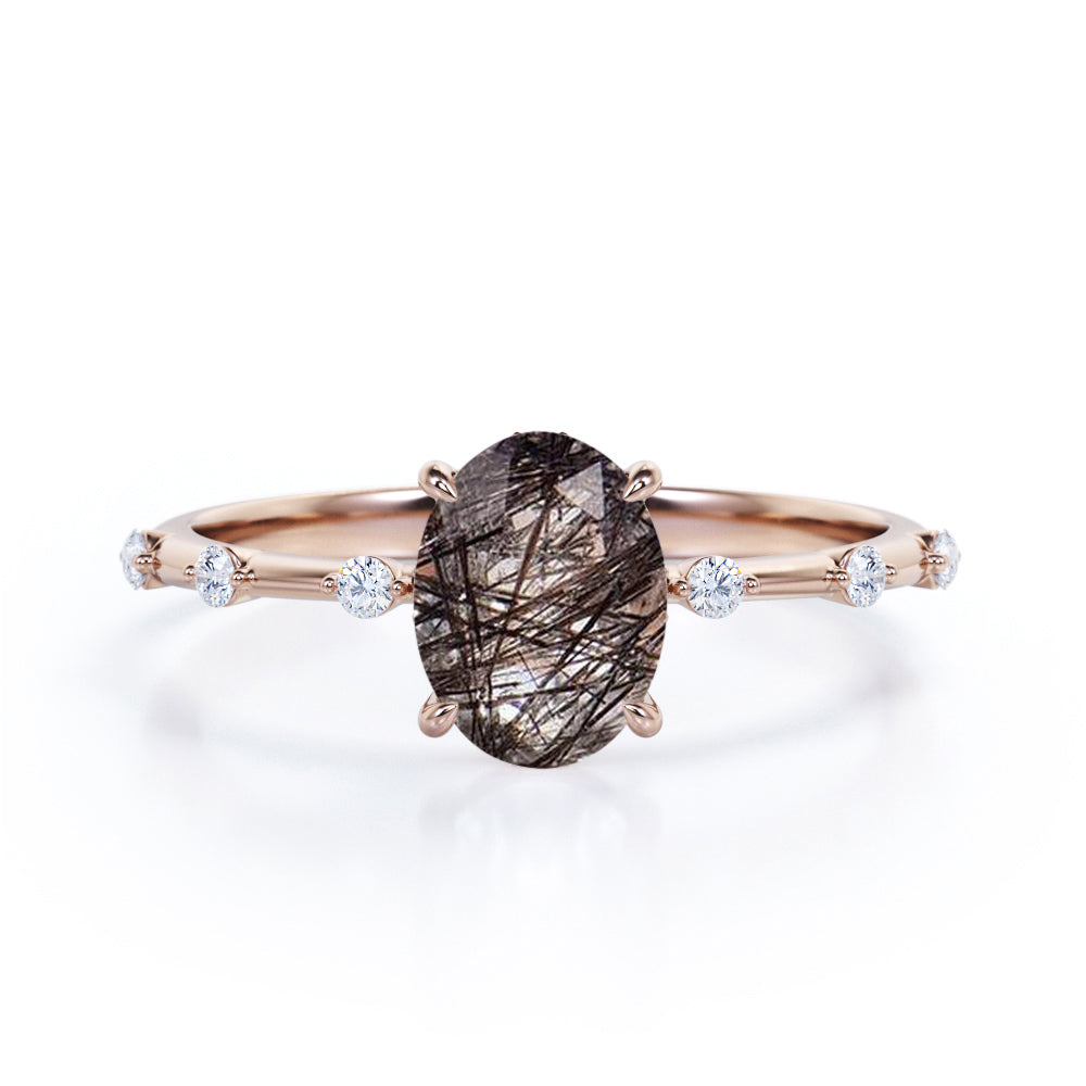 Sharp Four Claws 1.10 Carat Oval Cut Natural Black Rutilated Quartz And Diamond Seven Stone Engagement Ring In White Gold