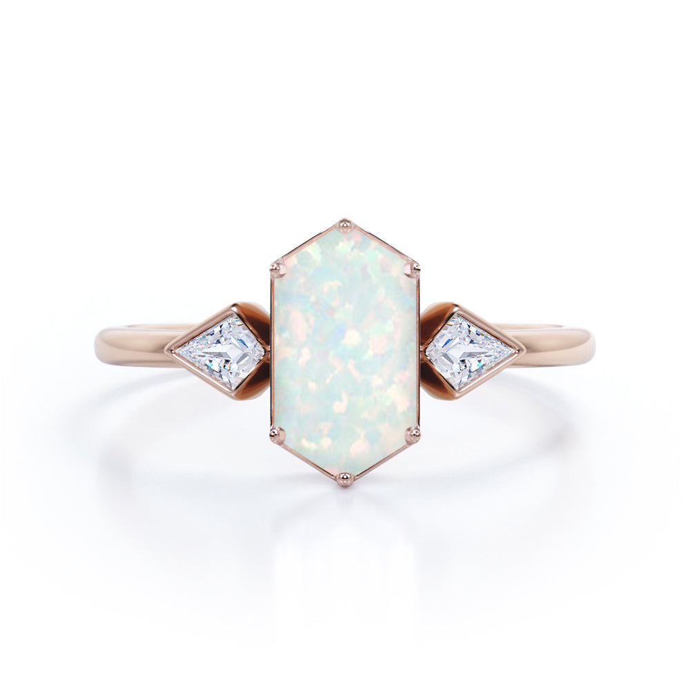 Trillion Six Prong 1.20 Carat Hexagon Shaped White Opal And Diamond Three Stone Bezel Set Engagement Ring In White Gold