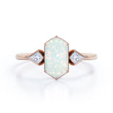 Trillion Six Prong 1.20 Carat Hexagon Shaped White Opal And Diamond Three Stone Bezel Set Engagement Ring In White Gold