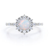Clustered Halo 1.30 Carat Round Cut Translucent Opal And Diamond Antique Beaded  Engagement Ring In White Gold