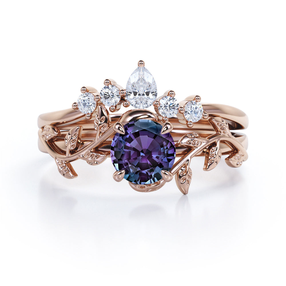 Nature Inspired 1.20 Carat Round Cut Lab Created Alexandrite And Diamond Leaf Vine Art Wedding Ring Set In White Gold For Her