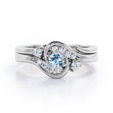 6 Prong Tension Design - 0.55 TCW Round Shaped Aquamarine and Moissanite - Flush Chanel Wedding Ring Set -  Black Gold