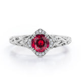 Modern Art Deco 1.10 Carat Round Cut  Lab Ruby And Diamond Cushion Framed Halo Engagement Ring In White Gold