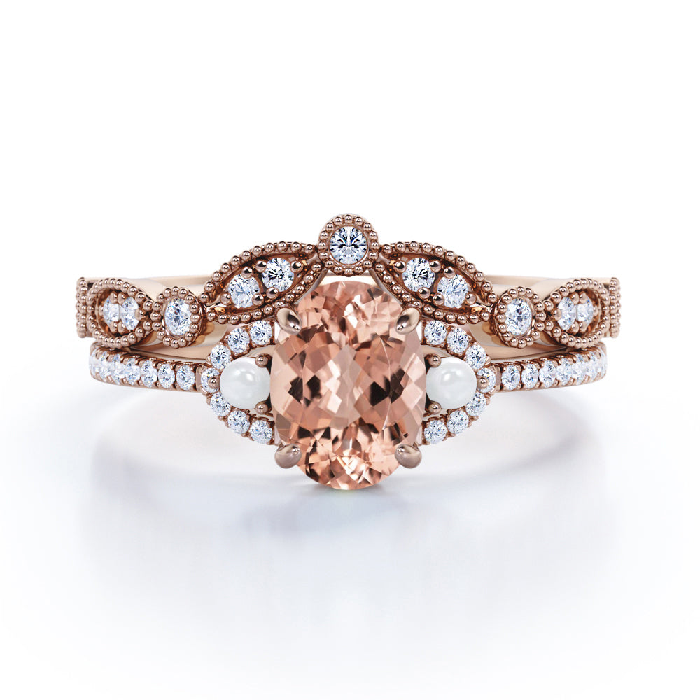 Half Dome Frame 1 carat Oval Morganite and Moissanite Vintage Bridal Ring Set in White Gold