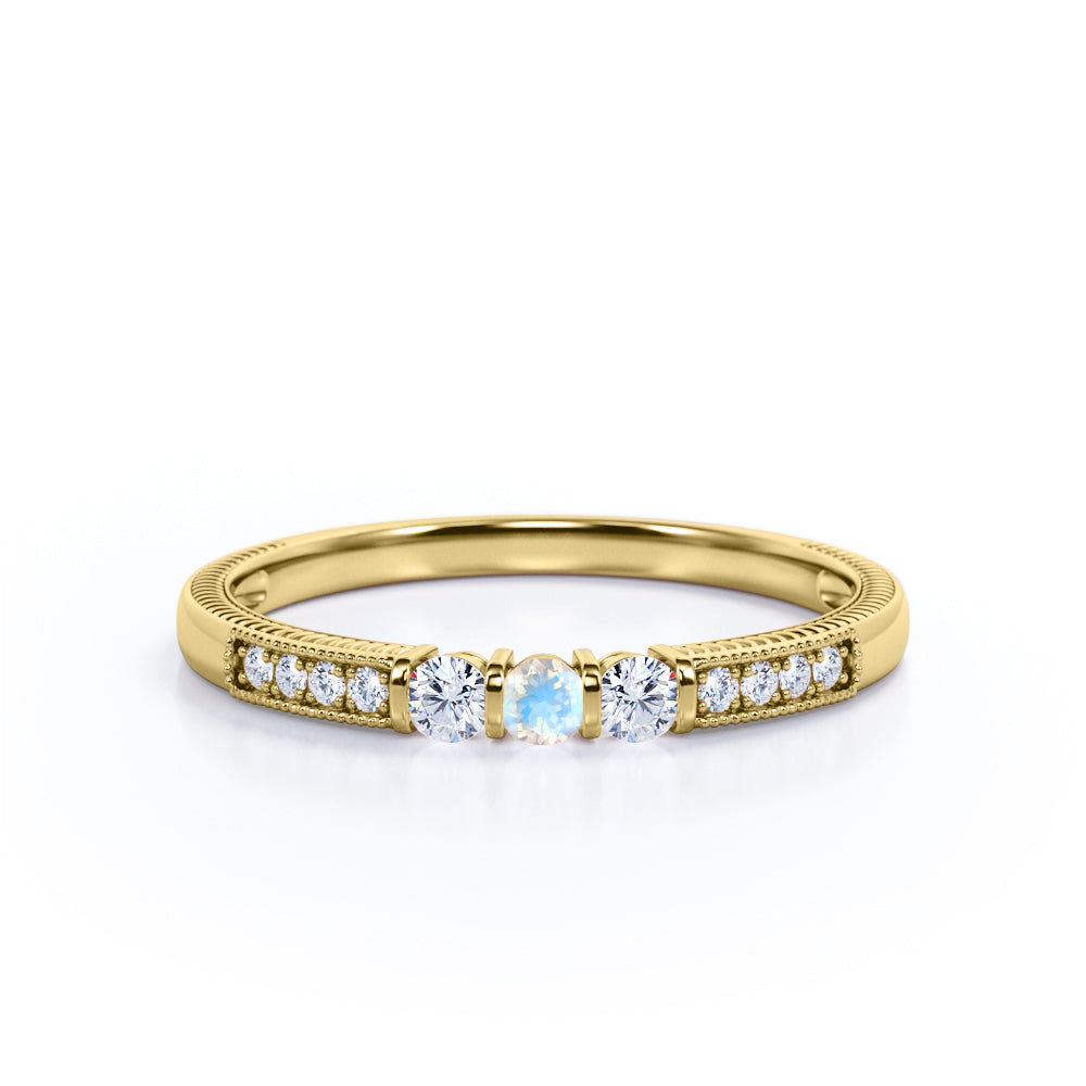 Filigree Bar Setting 0.3 carat Round Moonstone and Moissanite Engagement Ring in White Gold