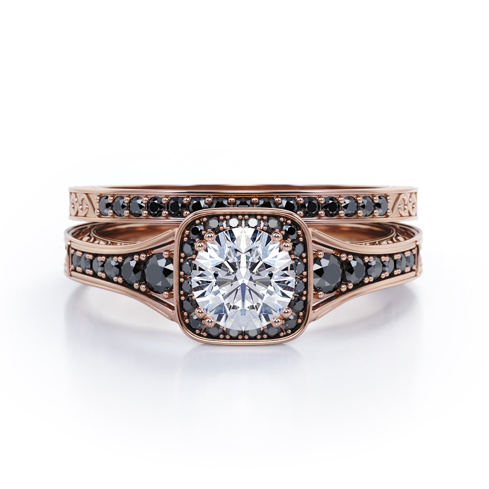 Filigree Pave Channel 0.65 TCW Round Diamond with Lab Created Black Diamond Double Prong Cluster Wedding Set in 10K White Gold