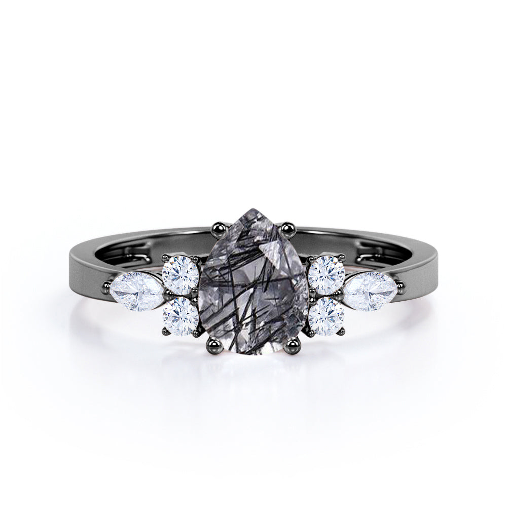 1.35 ct Pear Black Rutilated Quartz Seven Stone Engagement Ring