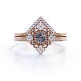 Solitaire 0.75 Carat Round Black Rutilated Quartz and Diamond Bezel Set Filigree Wedding Ring Sets