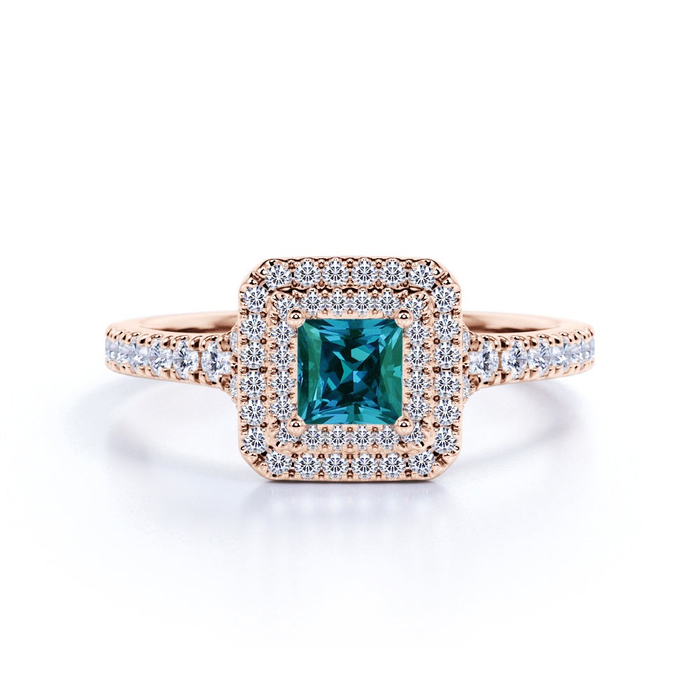 Timeless 1.65 Carat Princess Cut Lab Created Alexandrite And Diamond Double Halo Engagement Ring In White Gold