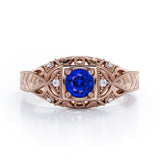Art Deco Style 1.05 Carat Round Cut Sapphire And Diamond Square Framed Vintage Filigree Engagement Ring In Rose Gold