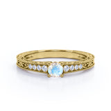 Antique Design Engraving 0.6 carat Round Moonstone and Moissanite Engagement Ring in White Gold