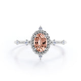 1.25 Carat Oval Cut Peach Morganite and Diamond Engagement Ring in 10k White Gold Handmade Ring