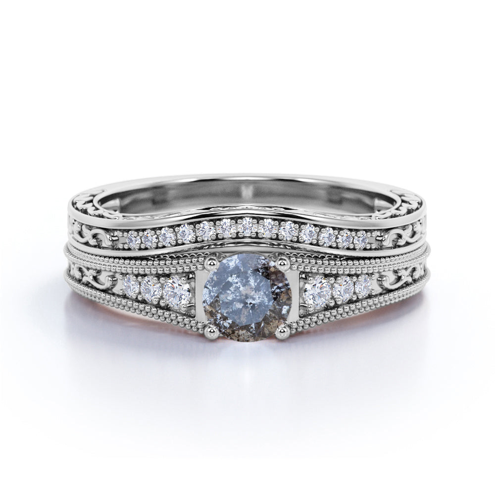 Vintage 0.75 Ct Round Salt and Pepper Diamond Bridal Set