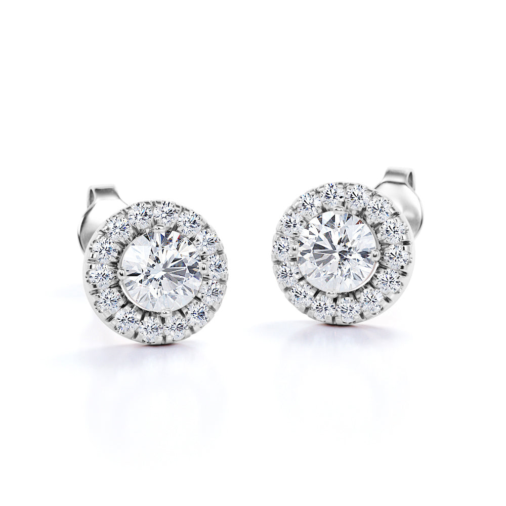 Simple 1.10 Carat Round Cut Certified Moissanite and Diamond Halo Solitaire Studs - Earrings in Rose Gold