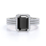 Bestselling 2 Carat Emerald Cut Lab Black Diamond Halo Trio Wedding Bridal Ring Set in White Gold