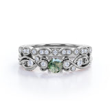 Antique Solitaire 1.25 Carat Round Cut Milky White Druzy Moss Green Agate with Diamond Marquise Dot Art Deco Band Wedding Ring Sets