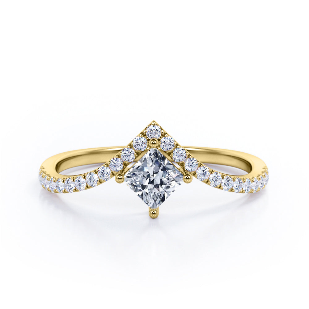 Chevron 1.25 Carat Princess Cut Moissanite And Diamond Four Prong Pave Set Engagement Ring In Rose Gold