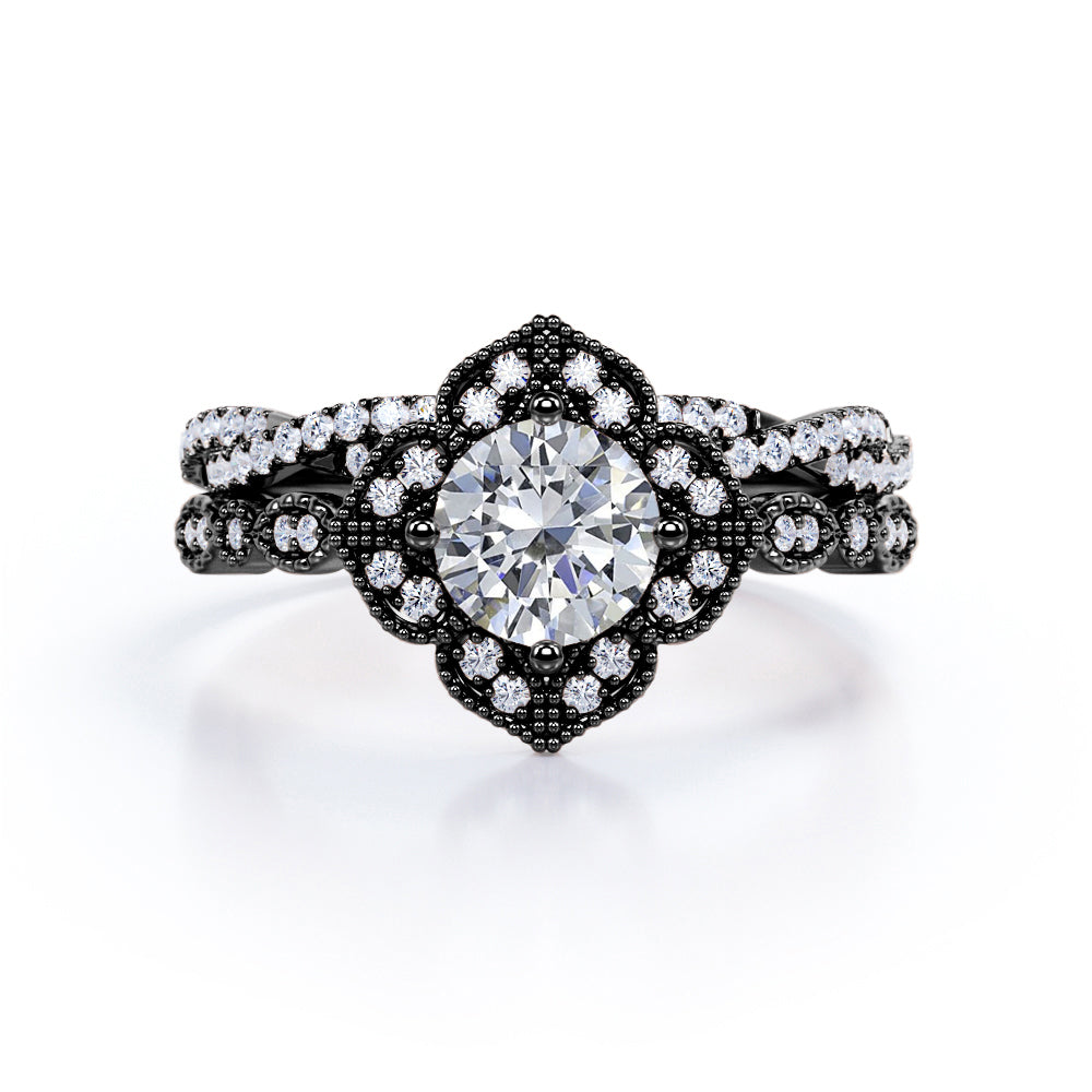 2 Carat Round Cut Moissanite And Diamond Art Deco Wedding Ring Set In White Gold