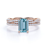 Pave 1.25 ct Emerald Cut Aquamarine Infinity Bridal Ring Set