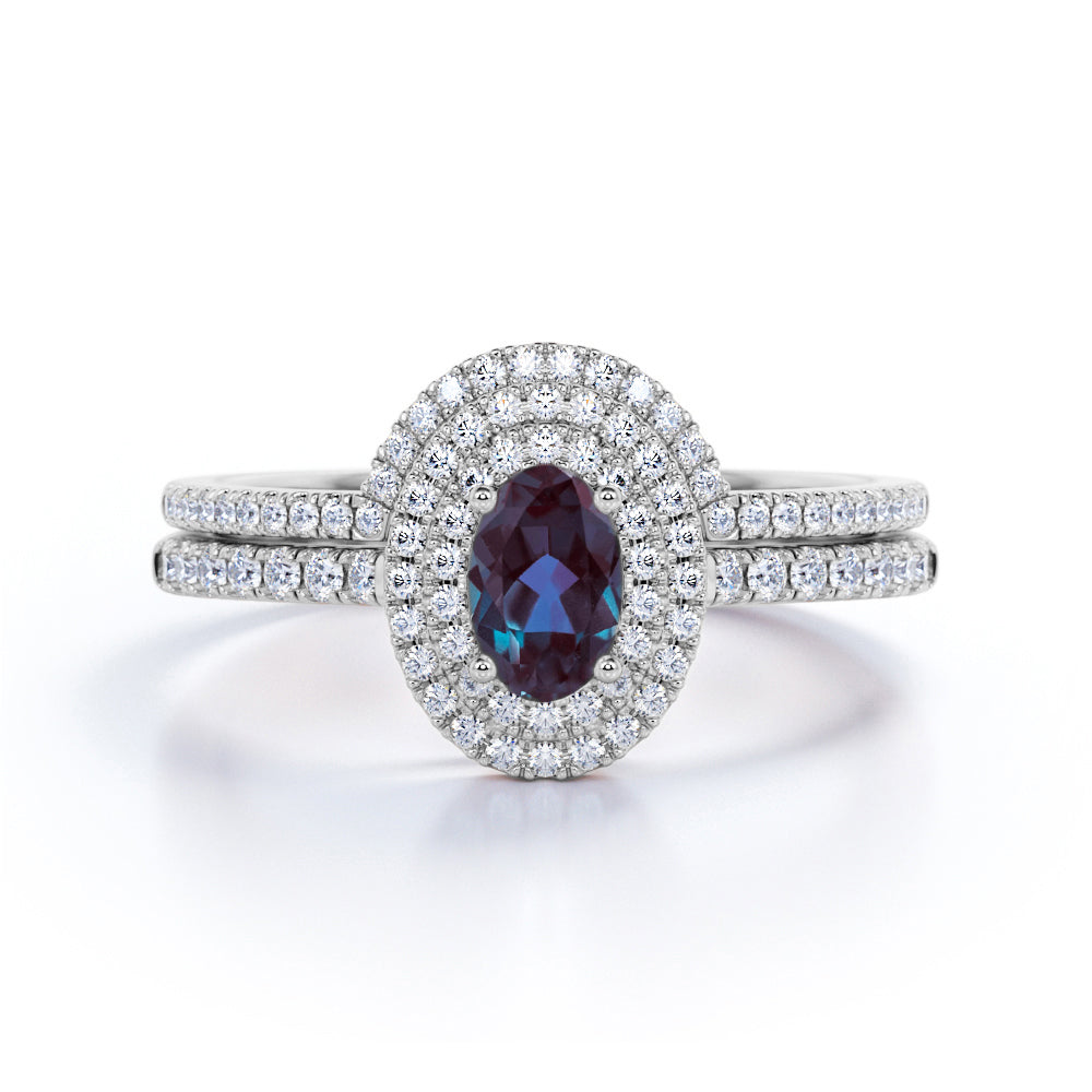 Unique Double Halo 2 Carat Oval Cut Artificial Blue Alexandrite with Diamond Semi Eternity Band Wedding Ring Sets in Rose Gold for Her