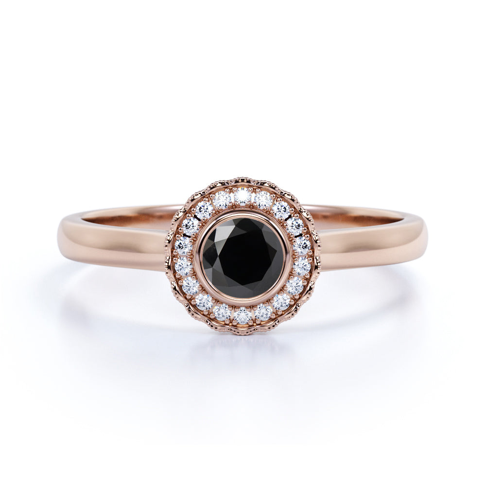 Gypsy 1 Carat Round Shape Lab Lab Black Diamond and Unique Engagement Ring in White Gold