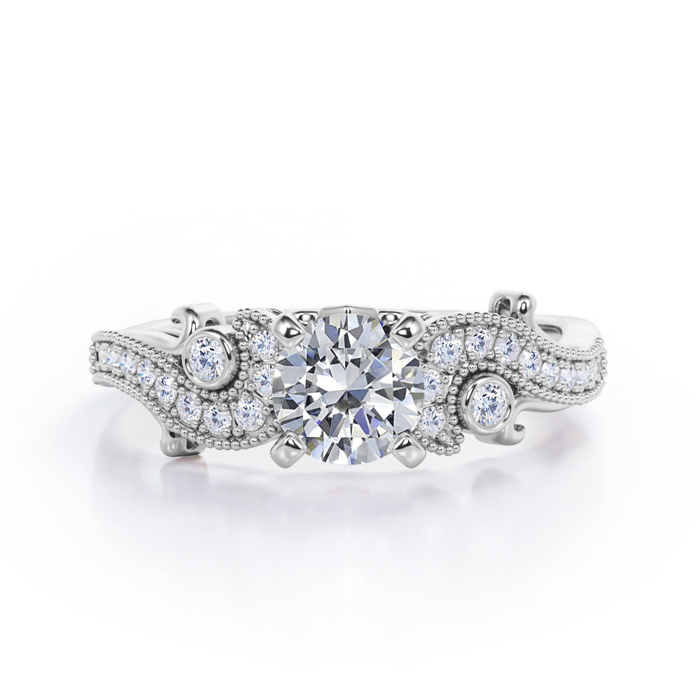 Four Prong 1.35 Carat Round Cut Moissanite and Diamond Vintage Milgrain Engagement Ring In Rose Gold