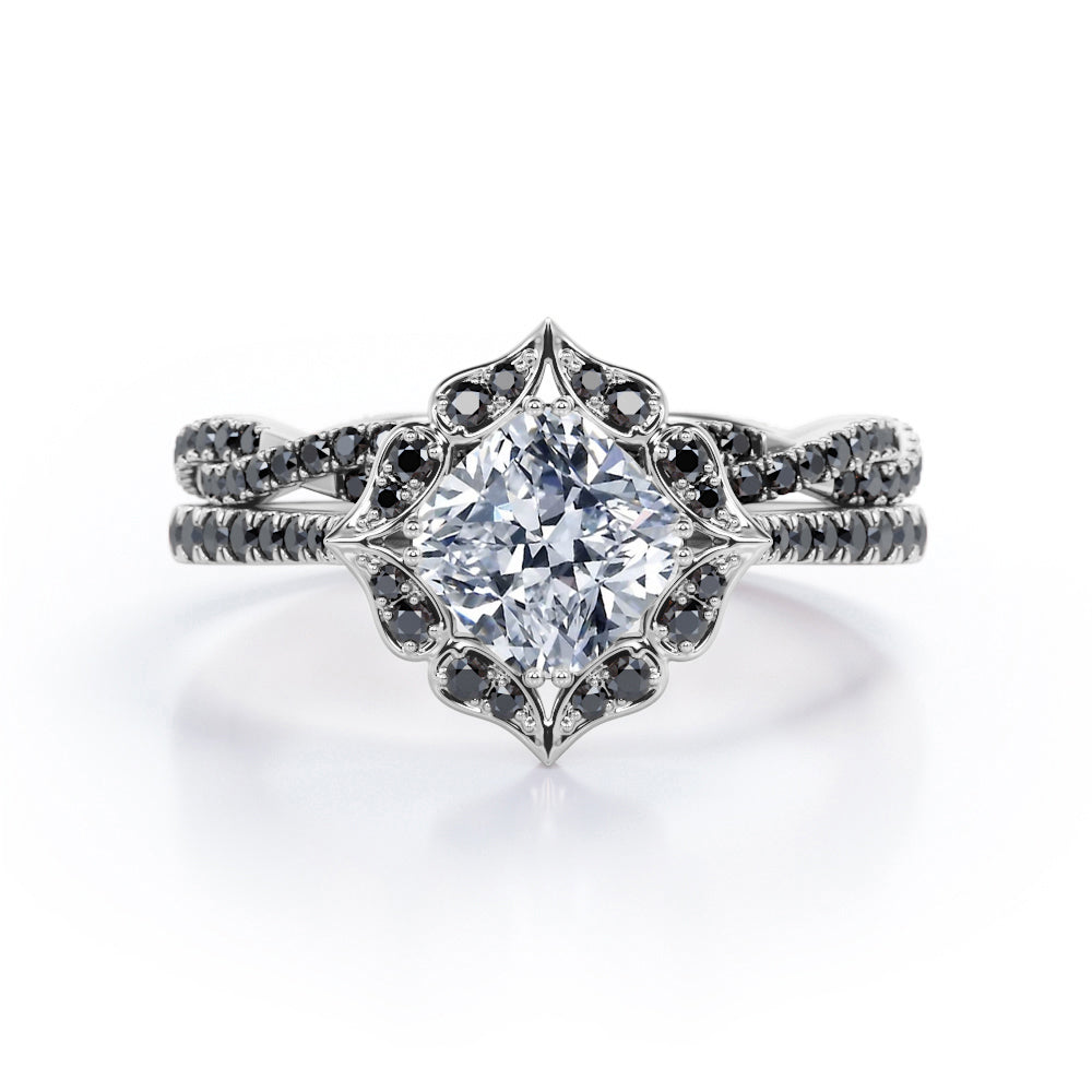 Vintage Flower Cluster 1.75 TCW Cushion Cut Moissanite with Lab Created Black Diamond Scalloped Pave Bridal Set in Rose Gold