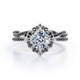 Vintage Flower Cluster 1.75 TCW Cushion Cut Moissanite with Lab Created Black Diamond Scalloped Pave Bridal Set in Rose Gold