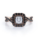 Rounded Square Double Halo -  1.55 TCW Princess Cut Moissanite with Lab Created Black Diamond - Infinity Pave Engagement Ring in White Gold