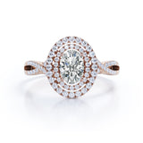 Infinity 1.75 Carat Oval Cut Moissanite and Diamond Double Halo Engagement Ring in Rose Gold