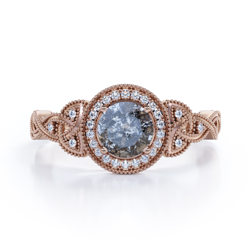 Milgrain Halo 0.70 Carat Translucent Salt and Pepper Diamond Twisted Infinity Engagement Ring In White Gold