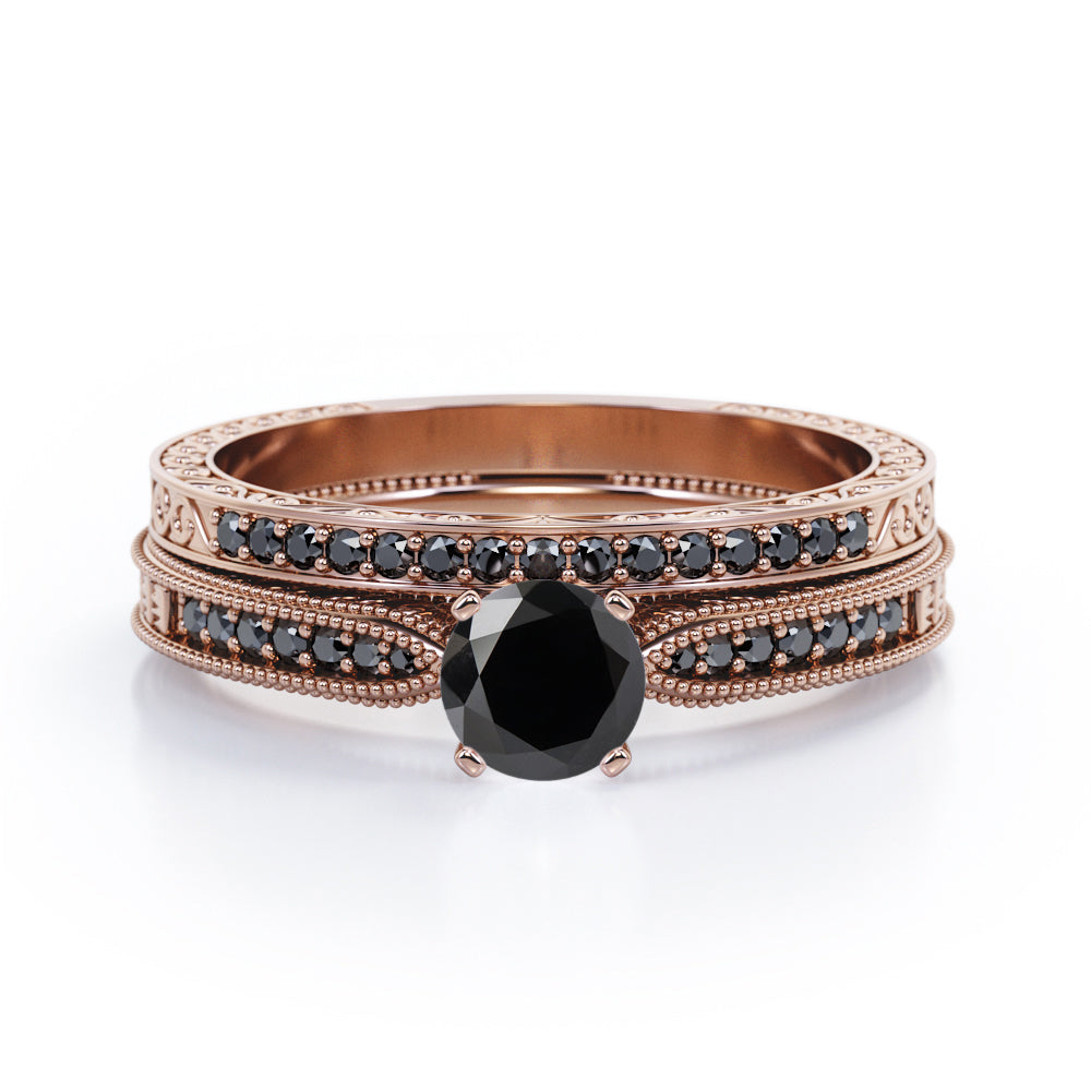 Milgrain-Edged 1.5 TCW Round-Shaped Lab Created Black Diamond Art Deco Victorian Design Wedding Set in White Gold