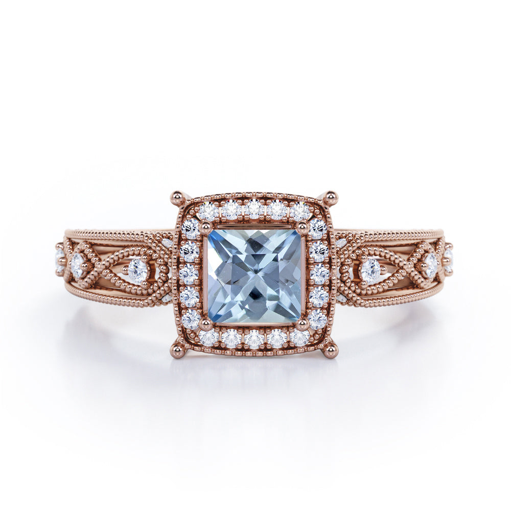 Designer Beaded 1.35 Carat Princess Cut Aquamarine And Diamond Halo Engagement Ring In White Gold