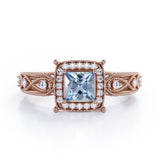Designer Beaded 1.35 Carat Princess Cut Aquamarine And Diamond Halo Engagement Ring In White Gold