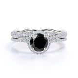 Antique Vintage 2 Carat Lab Black Diamond Halo Wedding Ring Set for Women in White Gold