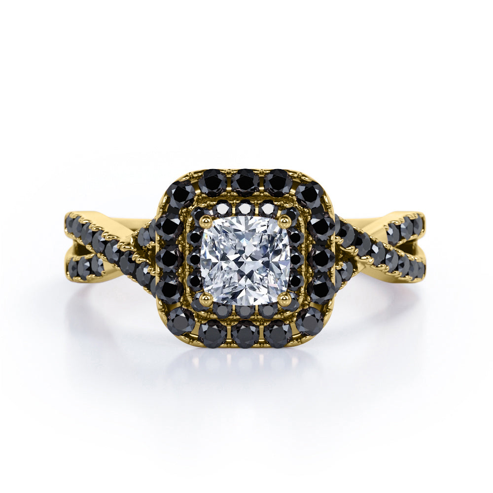 Rounded Square Double Halo -  1.55 TCW Princess Cut Moissanite with Lab Created Black Diamond - Infinity Pave Engagement Ring in White Gold