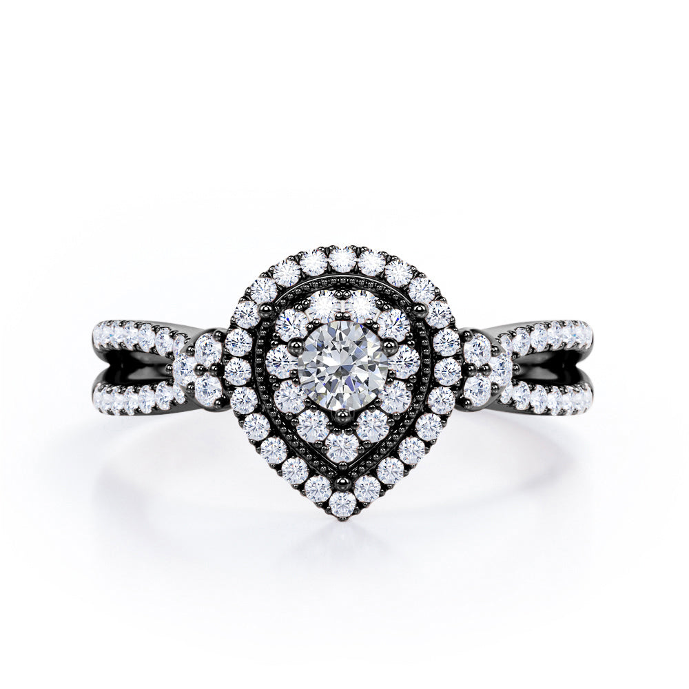 Pear-Shaped Double Halo - 1.7 Carat Round Cut Moissanite and diamond - Pave Split Shank Engagement Ring in Rose Gold