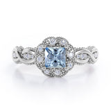 Beaded Halo 1.15 Carat Princess Cut Aquamarine And Diamond Infinity Engagement Ring In White Gold