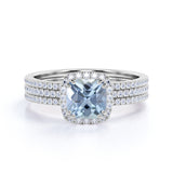 Pave 2.50 Carat Princess Cut Aquamarine and Moissanite Trio Wedding Ring Set in 18k White Gold over Silver