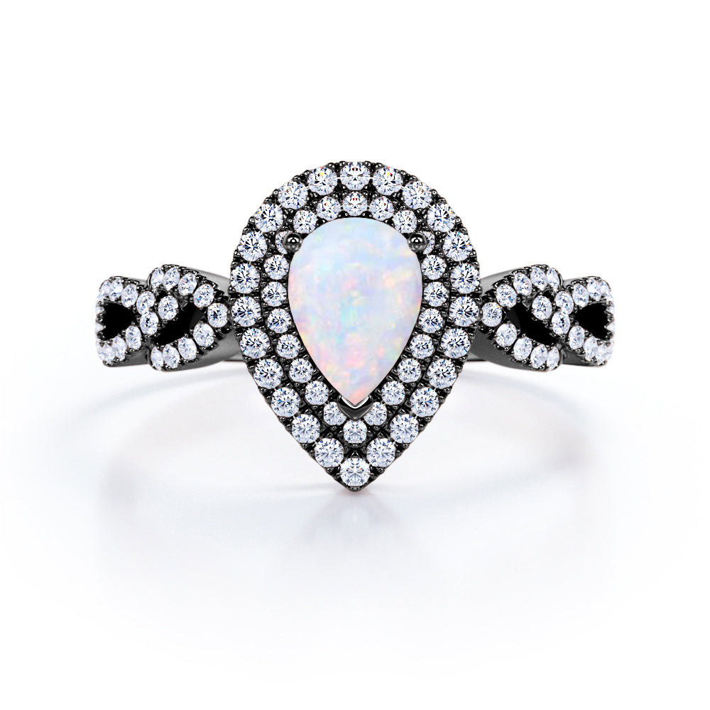 Vintage 1.60 Carat Tear Drop Ethiopian Opal And Diamond Double Halo Engagement Ring In White Gold For Her