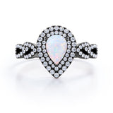 Vintage 1.60 Carat Tear Drop Ethiopian Opal And Diamond Double Halo Engagement Ring In White Gold For Her