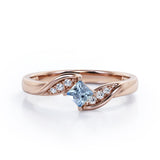 Twisted 7 Stone Ring - 0.55 carat Princess Aquamarine and Moissanite Elegant Engagement Ring in White Gold