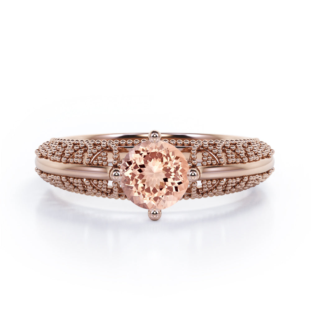 Beaded Art Deco 1 Carat Round Cut Morganite Solitaire Engagement Ring In White Gold