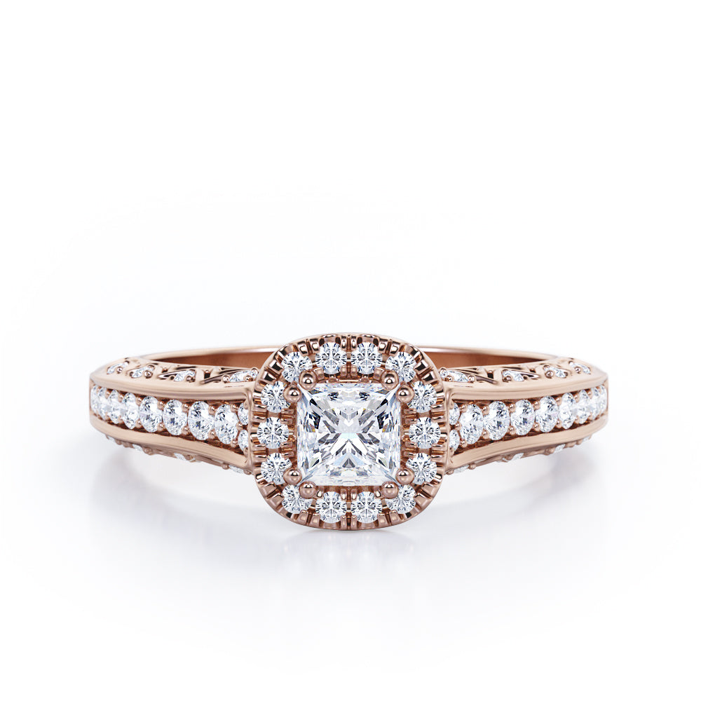 Double Prong Halo - 0.55 TCW Princess Cut Diamond - Filigree Pave-Channel Engagement Ring - 10K White Gold