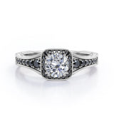 Double Prong Cluster - 1.4 TCW Round Moissanite with Lab Created Black Diamond - Filigree Pave Channel Engagement Ring in Rose Gold